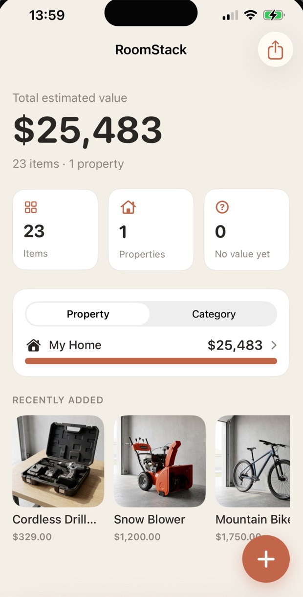 The RoomStack home screen: a total estimated value of $25,483 across 23 items, with a breakdown by property and recently added items