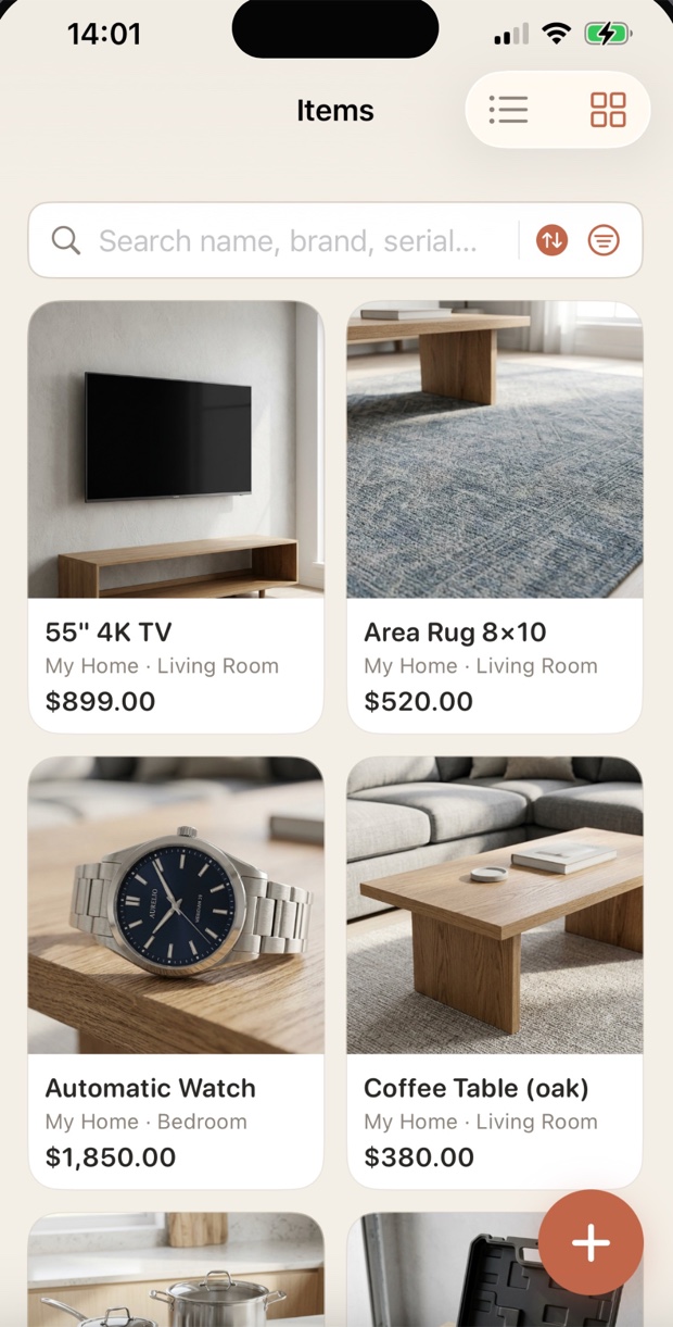 The RoomStack items grid: photographed items with their room and value